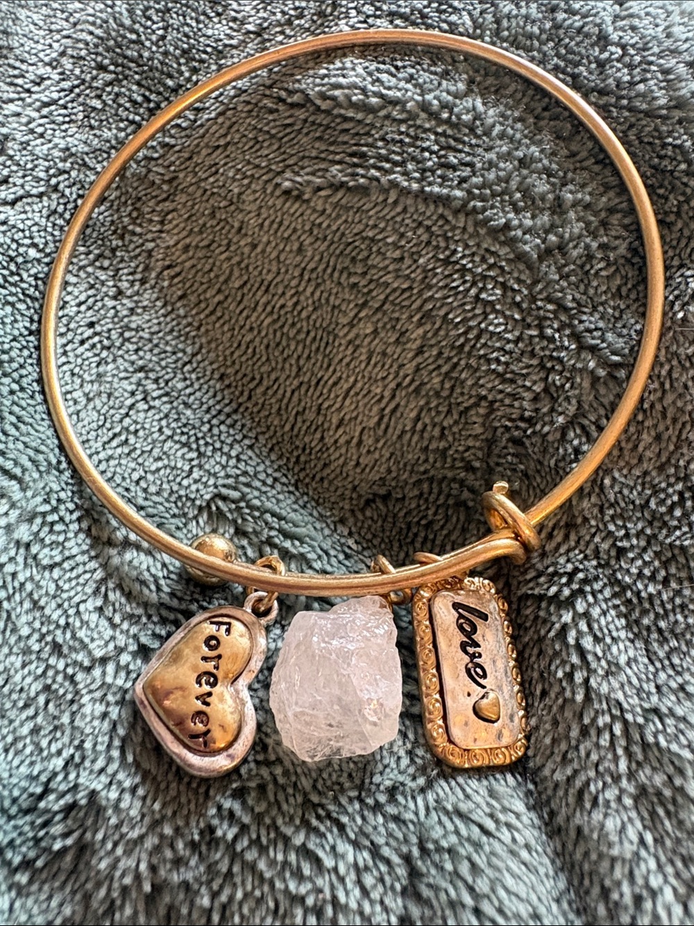 Gold-Tone 'Forever' & 'Love' Charm Bracelet with Clear Raw Stone